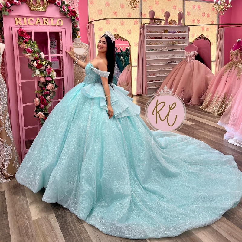 Aqua Blue Shiny Princess Quinceanera Dresses Off The Shoulder Beads Crystal Tull Corset Lace-up vestidos de 15 anos Prom Sweet 16