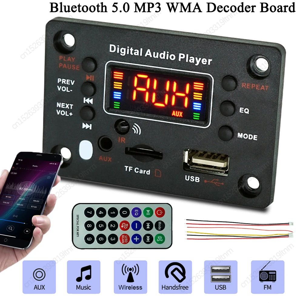 Car Audio USB TF AUX FM Radio Module MP3 Music Player Speaker DC 7V-12V Bluetooth 5.0 MP3 WMA Decoder Board with Remote Control