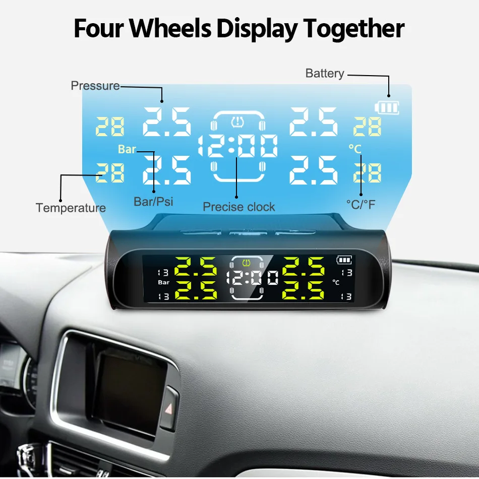 2025 Acceo K20 Car TPMS Tire Sensor Solar Power LCD Time Digital Display Temperature And new Pressure Auto Security Alarm System 4 Wheels