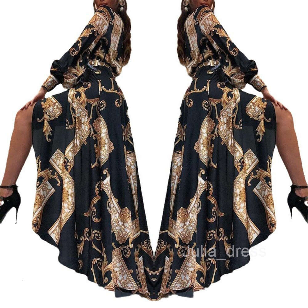 New Womens Court Style Printed Long Sleeved Dress Floor Mopping Shirt Skirt