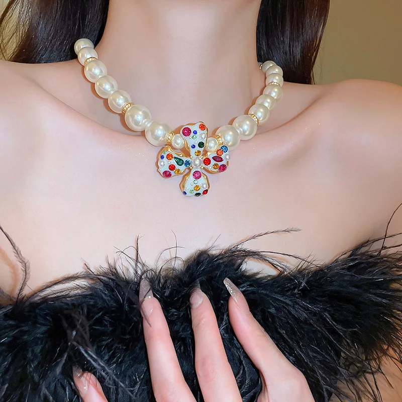 Style Pearl Korean FYUAN Necklace Earrings For Women Colourful Flower Crystal Ear Clip Earrings Weddings Banquet Jewelry Sets smile