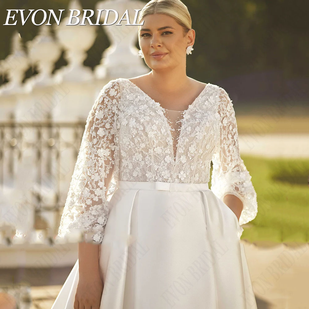 EVON BRIDAL V-Neck Plus Size Wedding 2025 new Dresses For Women Puff Sleeves Sequin Bride Gown With Pockets Classic Satin Bridal Dresses