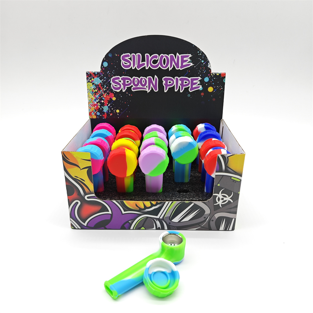 20Pc/box 3.5 inch Printing silicone spoon pipe With Lid Metal Pot Bowl Tobacco Pipe Tools Smoke Accessories Display box packaging