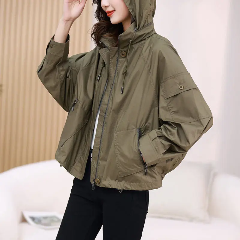 Spring Autumn Trench 2023 ddmysmile Coat Women's Wear Korean Loose Hooded Long Sleeve Casual Short Windbreaker Outerwear Z1087 Smile