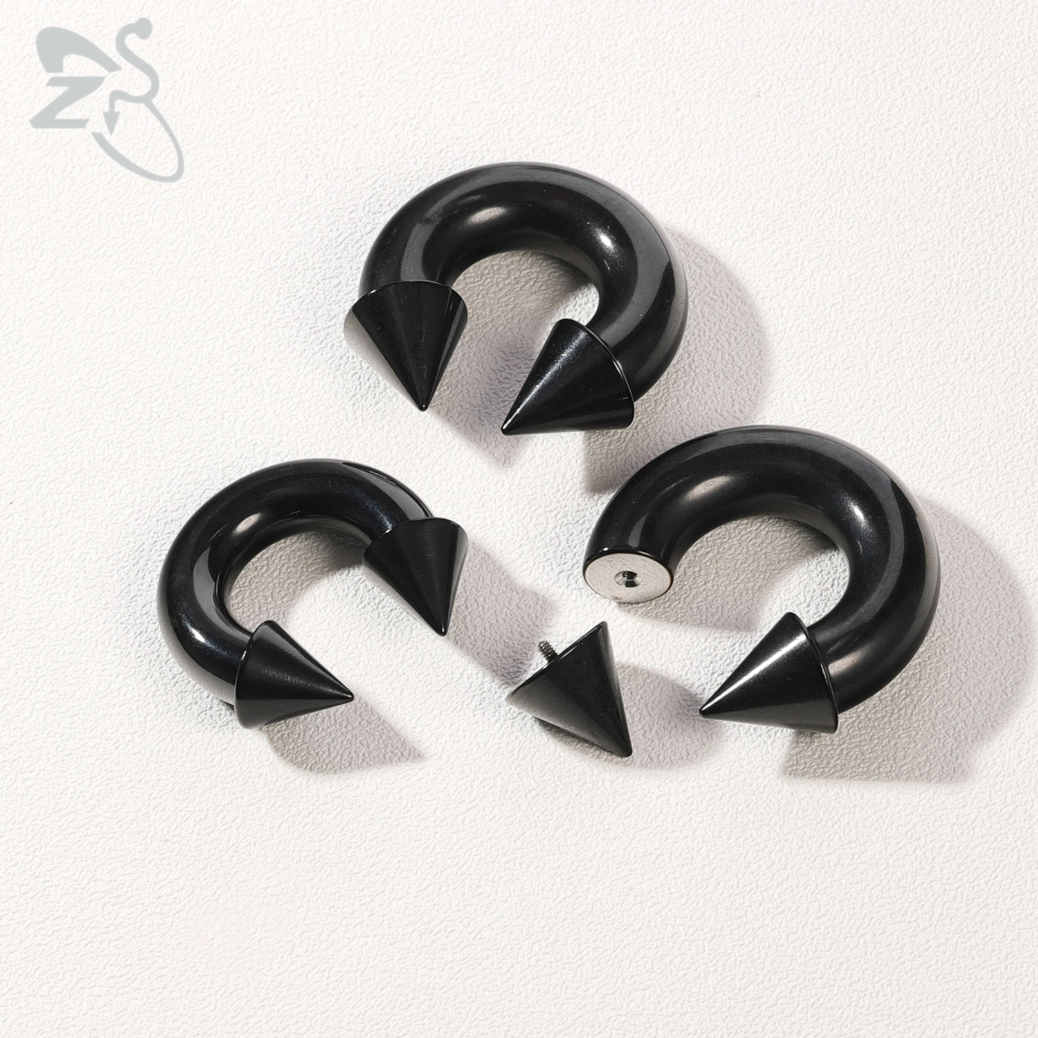 ZS 1PC Black Color Spike Horseshoe Nose Ring Stainelss Steel Cone Large Gauge Piercing Barbell Septum Nose Ear Expander 2/4/6/8G