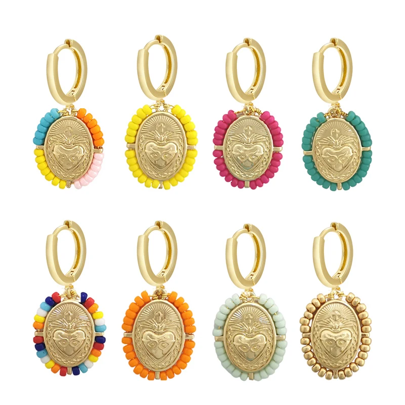 Earrings Hoop QMHJE Dangle Women Virgin Mary Scared Heart Cross Mom Circle Hand Seed Beads Chain Yellow Gold Color Rainbow Boho smile