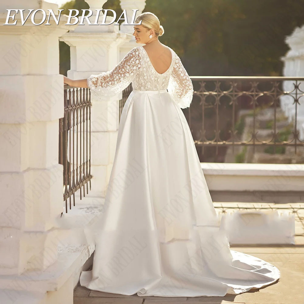 EVON BRIDAL V-Neck Plus Size Wedding 2025 new Dresses For Women Puff Sleeves Sequin Bride Gown With Pockets Classic Satin Bridal Dresses