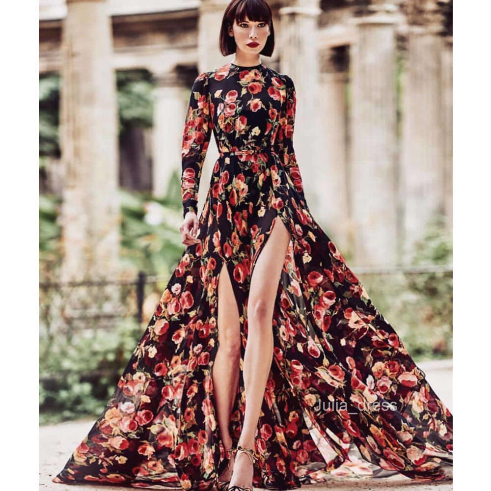 New Womens Printed Large Hem Dress With Slit Fashion Long Skirt Beach Skirt