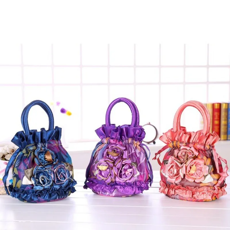Handbag Purse Hand-Ed Coin Mobile Phone Bag ddmysmile Lace Fabric Bag Ethnic Style Handbag Drawstring Bucket Bag Flowers Smile