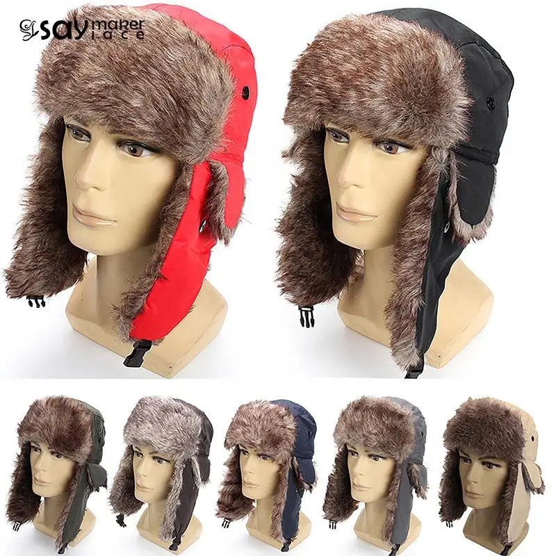 ddmysmile Beanie Unisex Winter Warm Black Earflap Hats Men Trapper Aviator Trooper Thicker Flaps Ski Hat Solid Russian Thermal Bomber Cap Smile