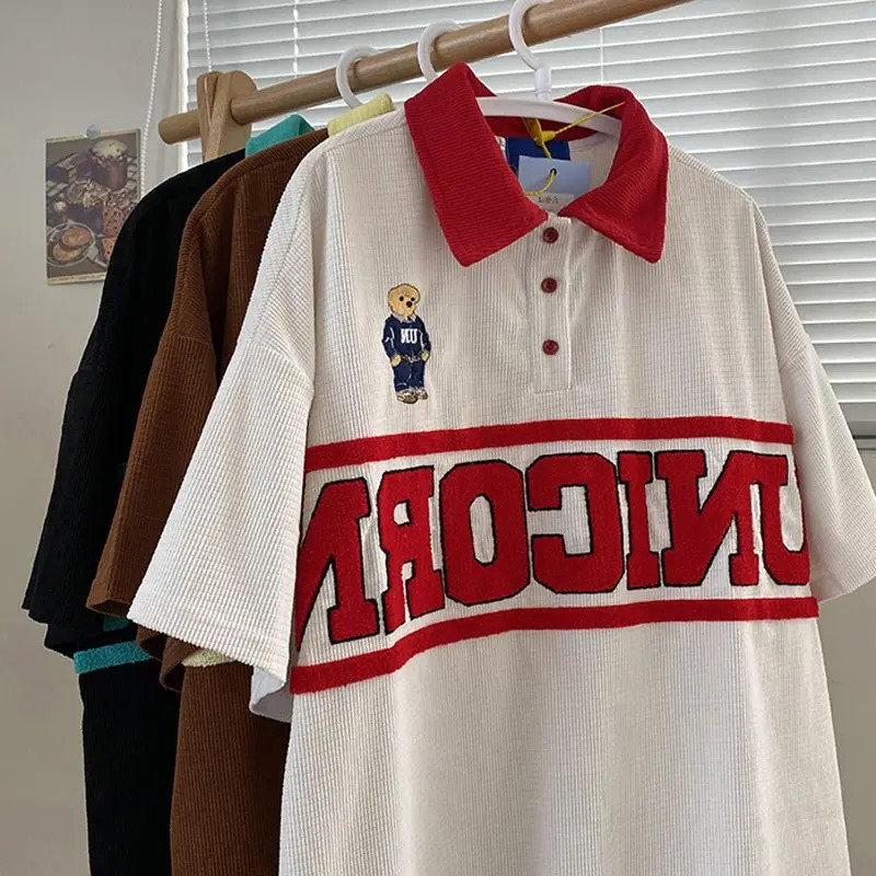 Mens Waffle Bear Polo Shirt Short Sleeve Tshirt Womens Summer Loose Embroidered Halfsleeved Turndown Collar Buttons Top Tees 240517