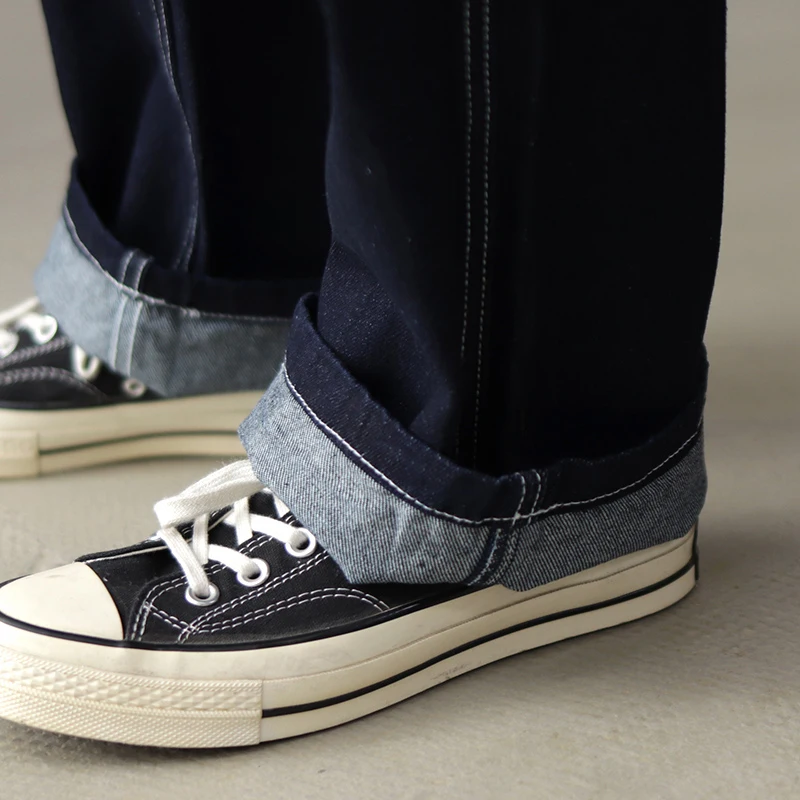 Vintage Men Jeans Ameki Autumn Winter New Multi-pocket Plain Striped Overalls Straight Denim Jeans Retro Casual Long Trousers smile