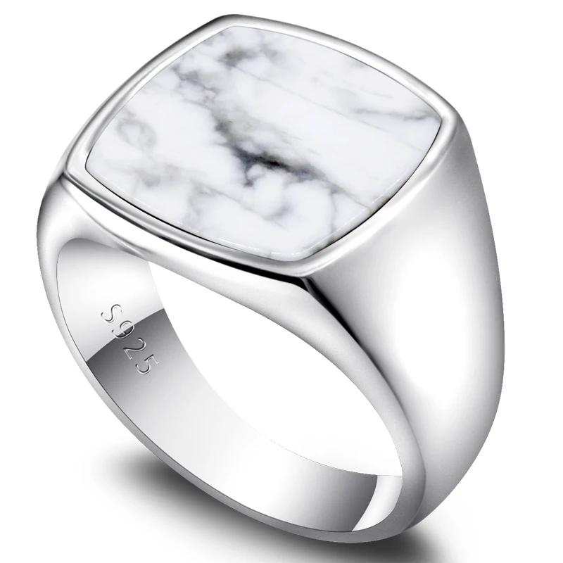 Ring Men's New Smooth Sterling Sier Natural White Turquoise Square Boulder Ring Simple Classic Seal Jewelry Women Gift smile