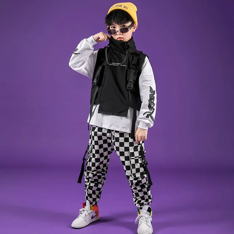 Hop Boys High Hip Collar Vest Sweatshirt Plaid Joggers Outfits Girls Cargo Pants Clothes Sets ddmysmile Child Jazz Costume Kids Streetwear Smile