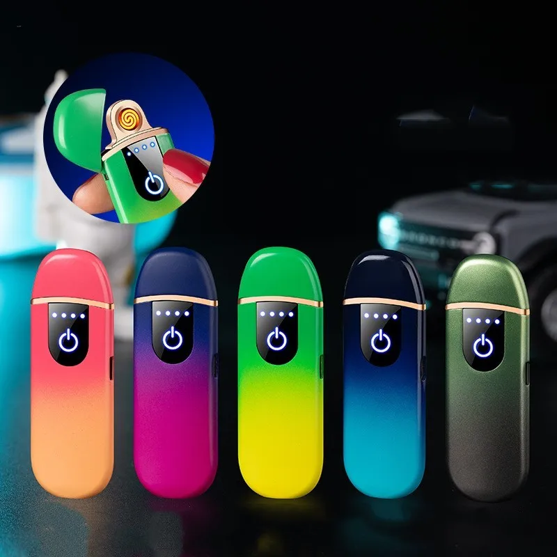 Mini Windproof Metal Thickened Tungsten USB Fast Charging Lighter Cool Color Portable Touch Sensor LED Power Display Men's Gifts