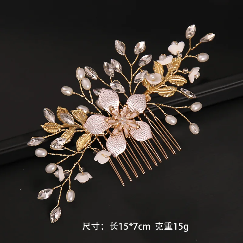 Pearl Flower Bridal Wedding Hairpin Side Comb Golden Leaf Shaped Alloy Tiaras Insert Jewelry Comb Hair Jewelry Bride Headwear smile