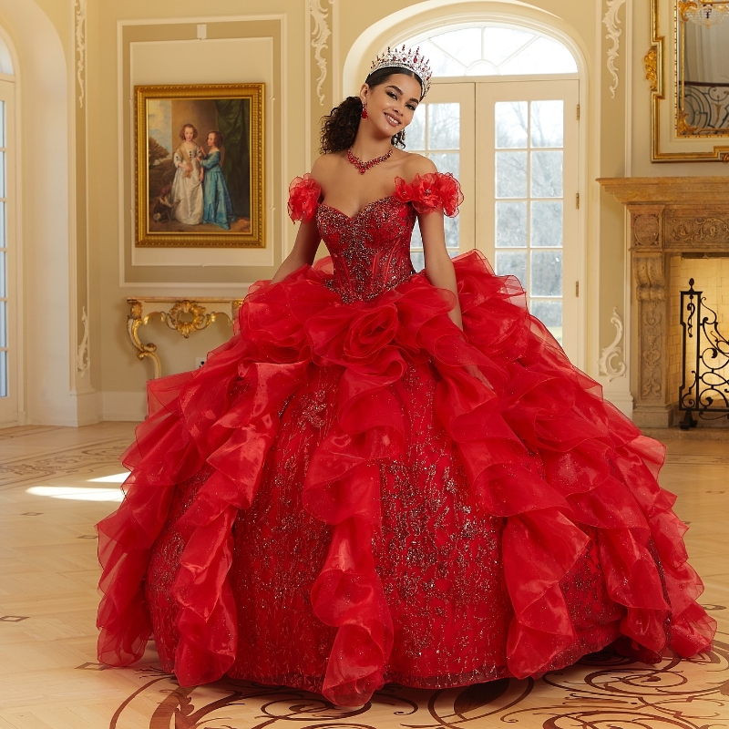Red Quinceanera Dress Ball Gown Off The Shoulder Lace Appliques Beaded Tull Tiered Sweet 16 Dress Court Train Vestidos De 15 Anos