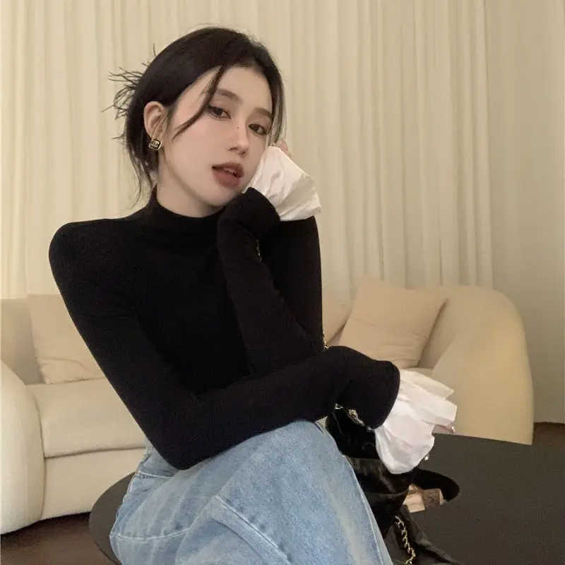 Casual Long Sleeve Hsa T-Shirts Autumn Black Slim Fit Pullovers Tees Shirts Female Streetwear Base Tees Tops Casual smile