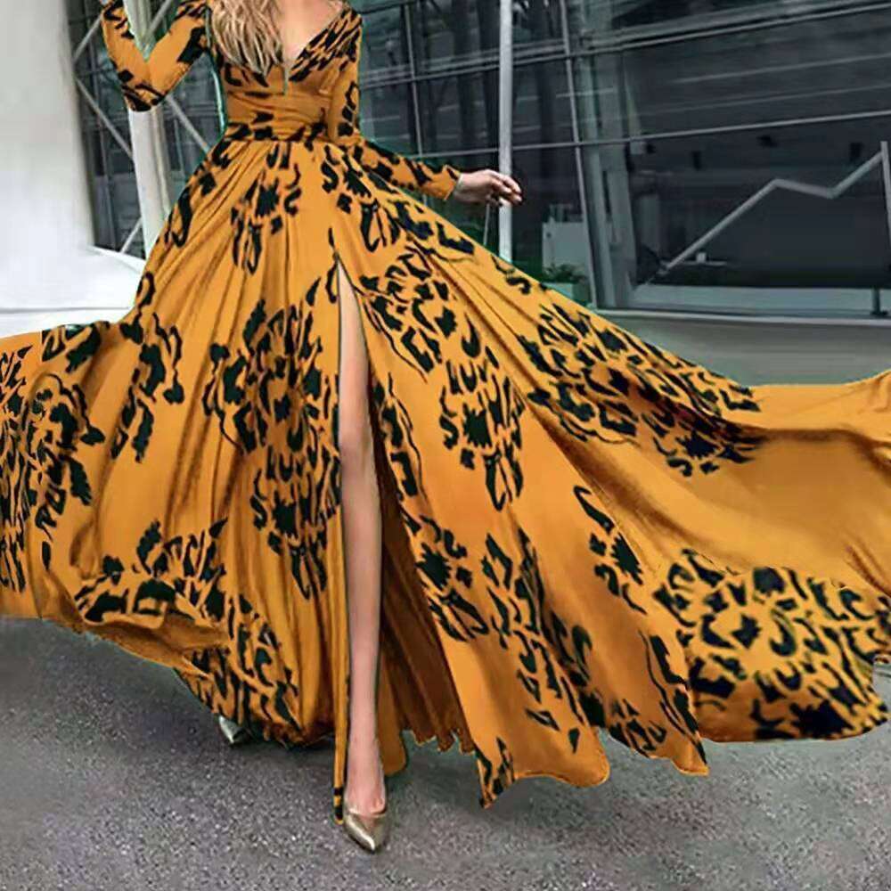 Womens New Dress With Split Leopard Pattern Slim Fit And Sexy Deep V Long Sleeved Long Skirt
