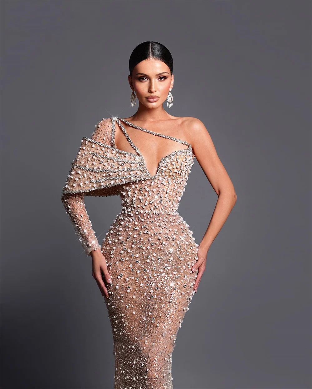 Glamorous Mermaid Wedding Dresses Pearls One Shoulder Bridal Gowns Sequins Rhie Custom Made Sweep Train Bride Vestido de novia