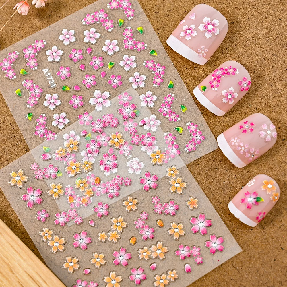 24 Pcs new Colorful Flower Nail Stickers Set Small Sakura Daisy Cute Flowers Decals 3D Self Adhesive 2025 Sliders Manicure Decoration