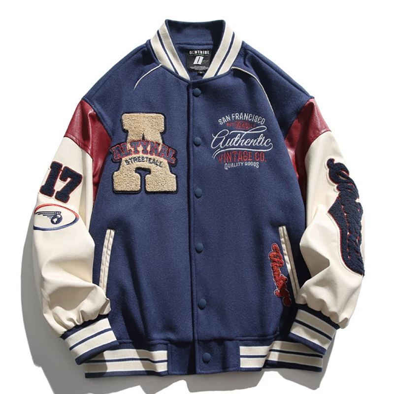 High Street Baseball Jacket Men Harajuku Embroidery Letter Patchwork Varsity Jackets Unisex Vintage Leather Sleeve College Coat