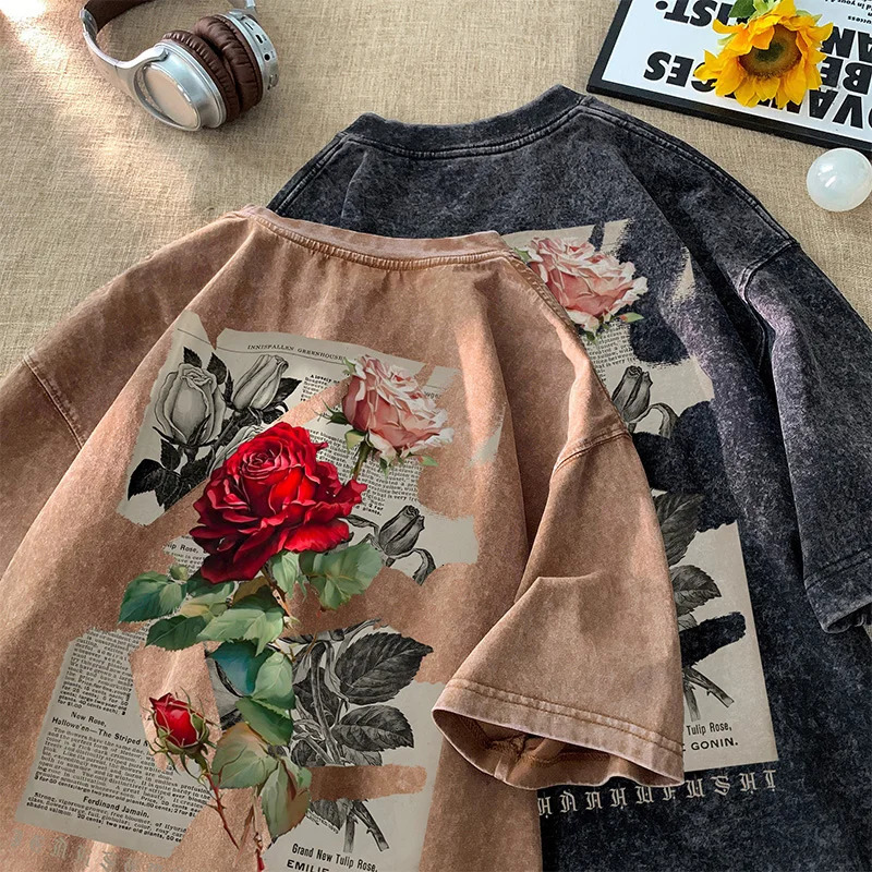 Gothic Washed Tshirts Rose Printed Streetwear Men Tshirt Oneck Oversized Korean Short Sleeve Tops Harajuku Casual Male Tee 240517