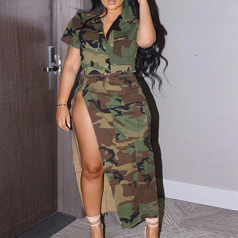 Work Dresses Two Piece Set Camouflage Skirt Sets Short Sleeve Shirts Crop Top Hight Waist Split Skirts Suit Streetwear Summer Outfits