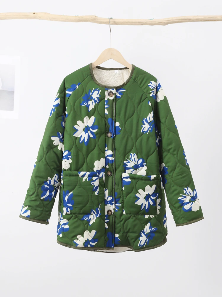 Print Jacket Women Thick Lambswool Long Sleeve Single Breasted Female Coat 2023 Autumn Winter New Big Pocket Lady Outwear smile