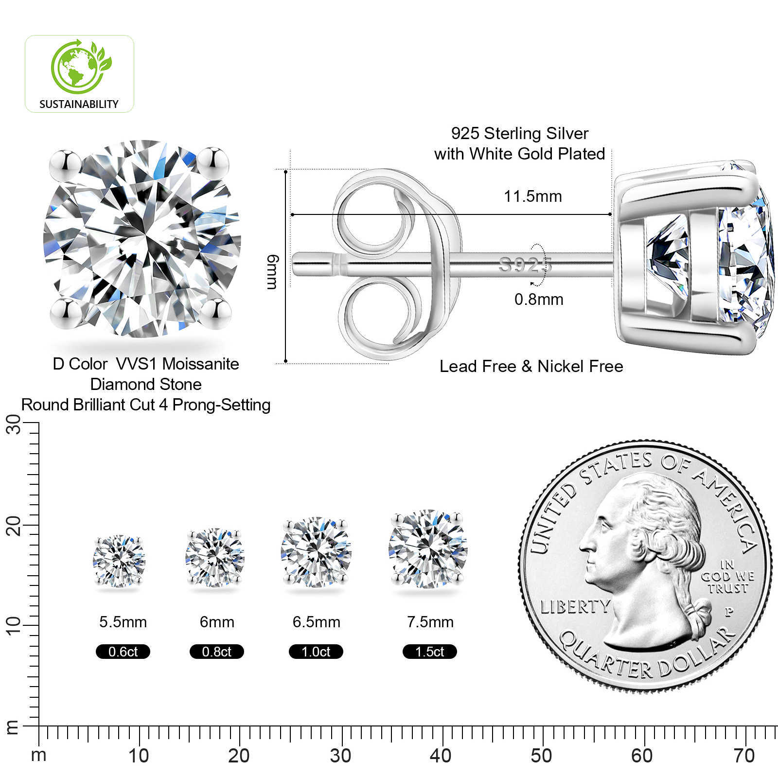 Moissanite 0.5CT 1CT 2CT 3CT Gold Plated Earring Jewelry 925 Sterling Silver GRA VVS Moissanite Diamond Ear Stud for Men Women