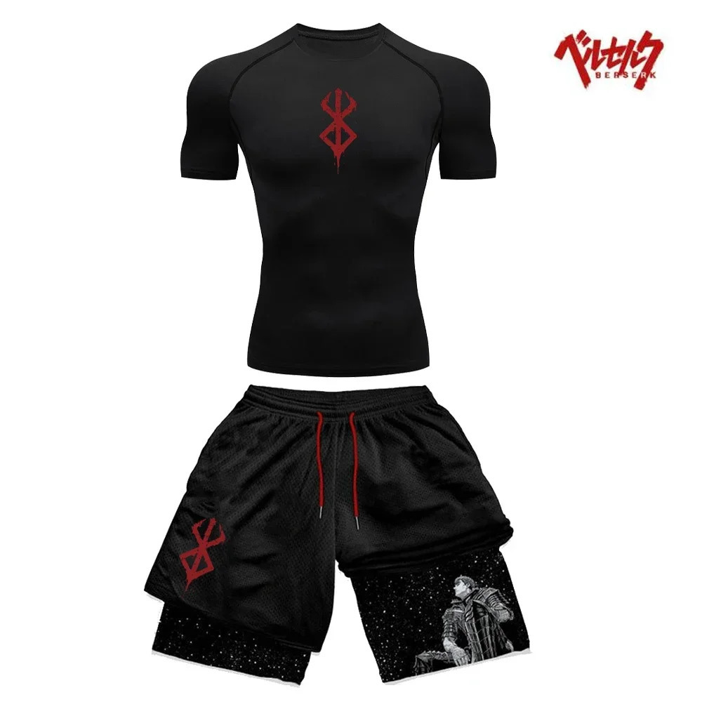 Compression sportswear fitness set mens quick drying compression shirtgym shorts 2PCS for running exercise 240521