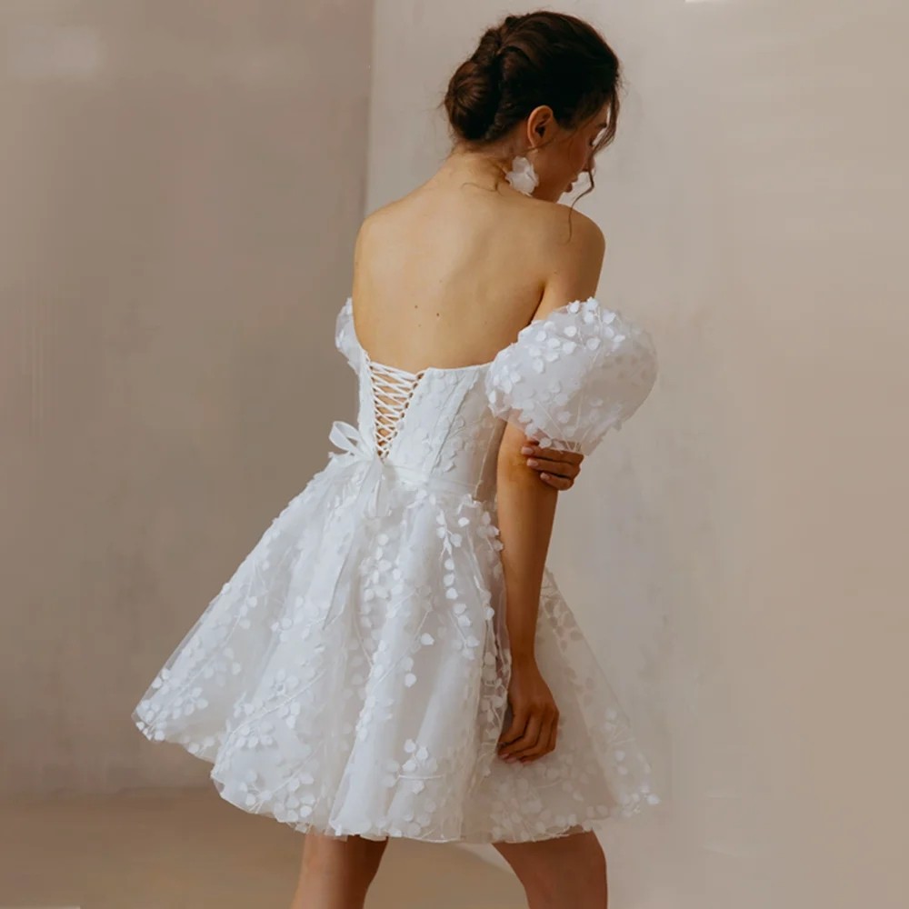 2024 Lace Mini Short Wedding Dresses Lace Up Puffy Puff Sleeves Square Neck Bridal Party Gowns A Line Backless Vestido de Novia Customed