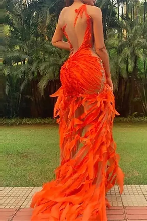 Stunning Orange Mermaid Prom Dresses Sexy Sheer Backless High Low Evening Gowns Illusion Appliques Tail Vestidos Formal Ocn Wears Bc14878 0618 0703 66