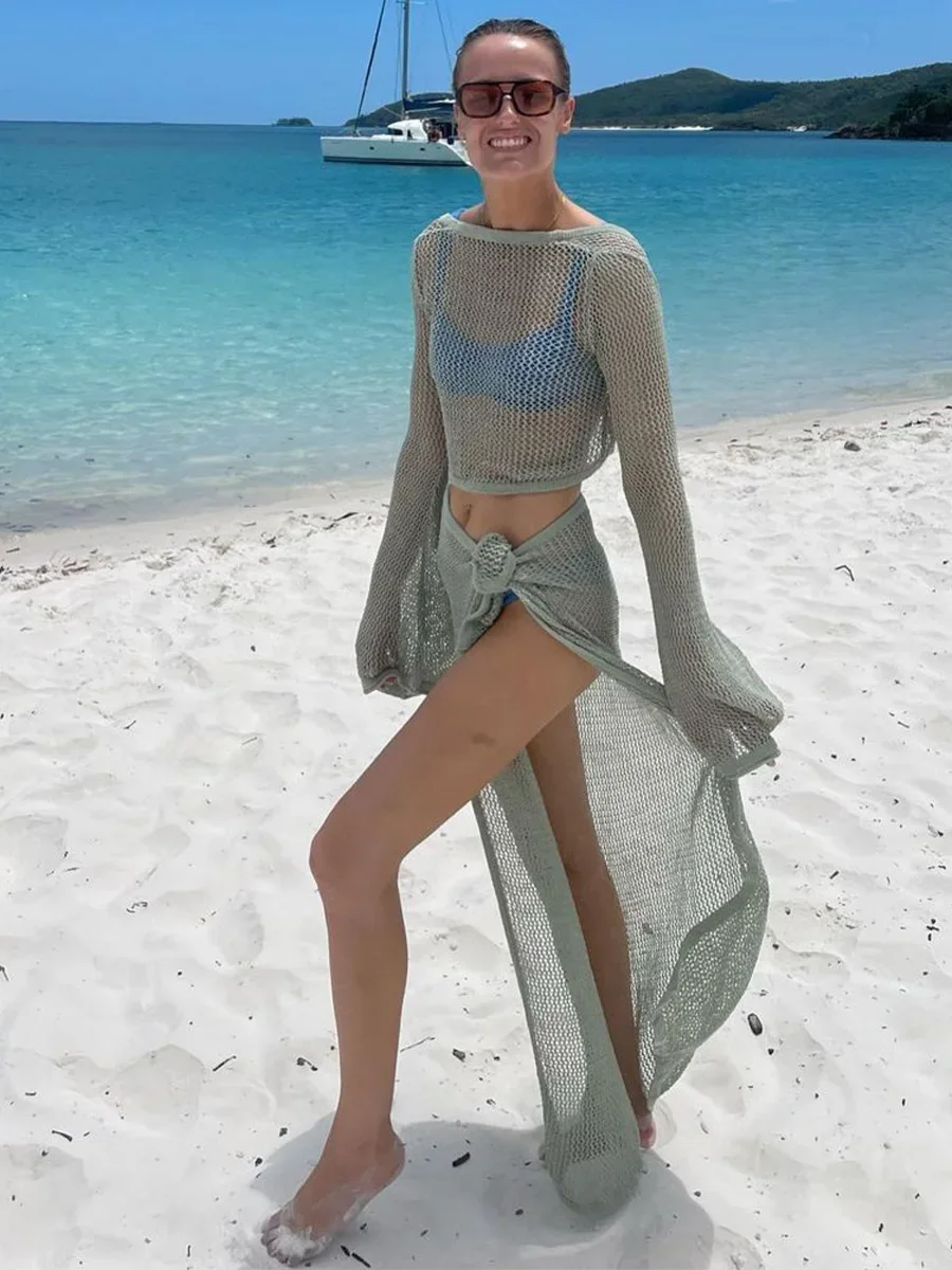 Beach Knitted Cover Crochet Ups ddmysmile Swimsuit Two Pieces Bathing Suit Women Sexy Long Sleeve Hollow Crop Tops Split Maxi Skirts Smile