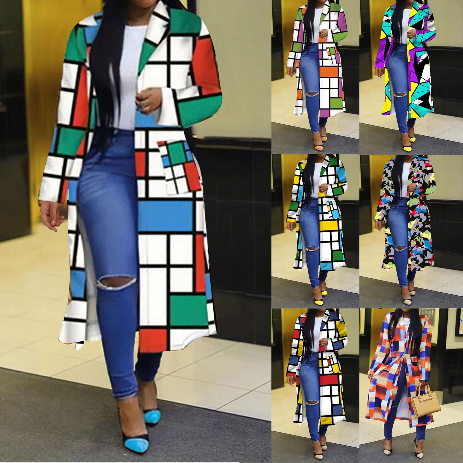 Plus Women Jackets For Size Long Plaid Printed Jackets Windbreaker Double Breasted Overcoat Outerwear With Pocket Chaquetas smile