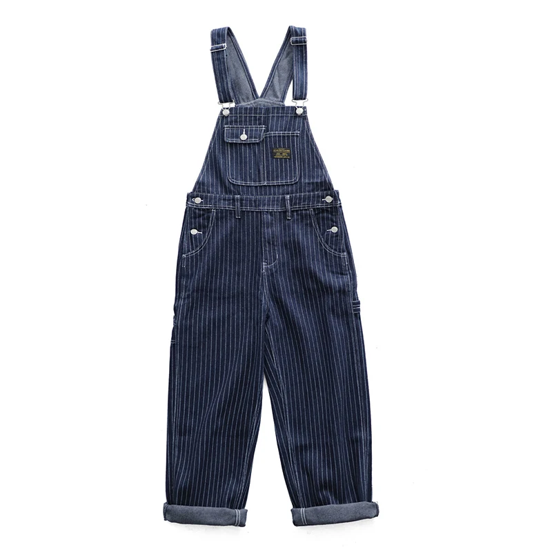 Vintage Men Jeans Ameki Autumn Winter New Multi-pocket Plain Striped Overalls Straight Denim Jeans Retro Casual Long Trousers smile