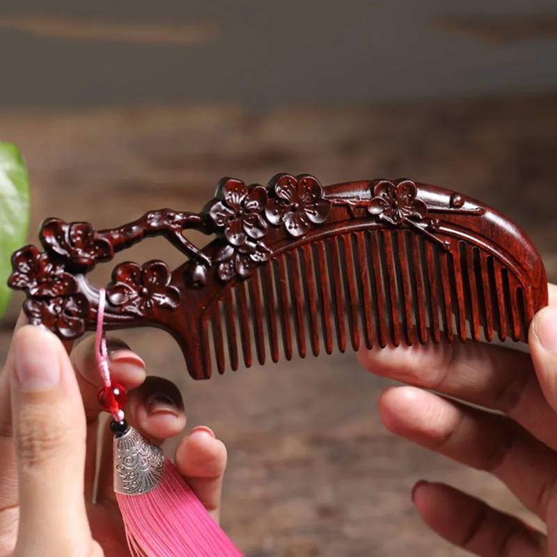Natural Wooden Comb Add Box Sandalwood Comb Portable Mahogany Anti Static Chinoiserie Woman's Gift Hollow Carved Massage Comb