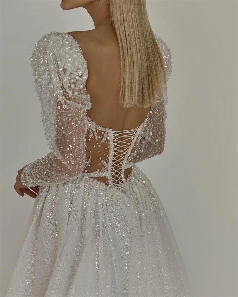 Fashion Sweetheart A-Line Wedding Dress 2024 Long Puff Sleeves Lace Beaded Sequins Sweep Train Bride Bridal Gowns Vestido De Novia Customed