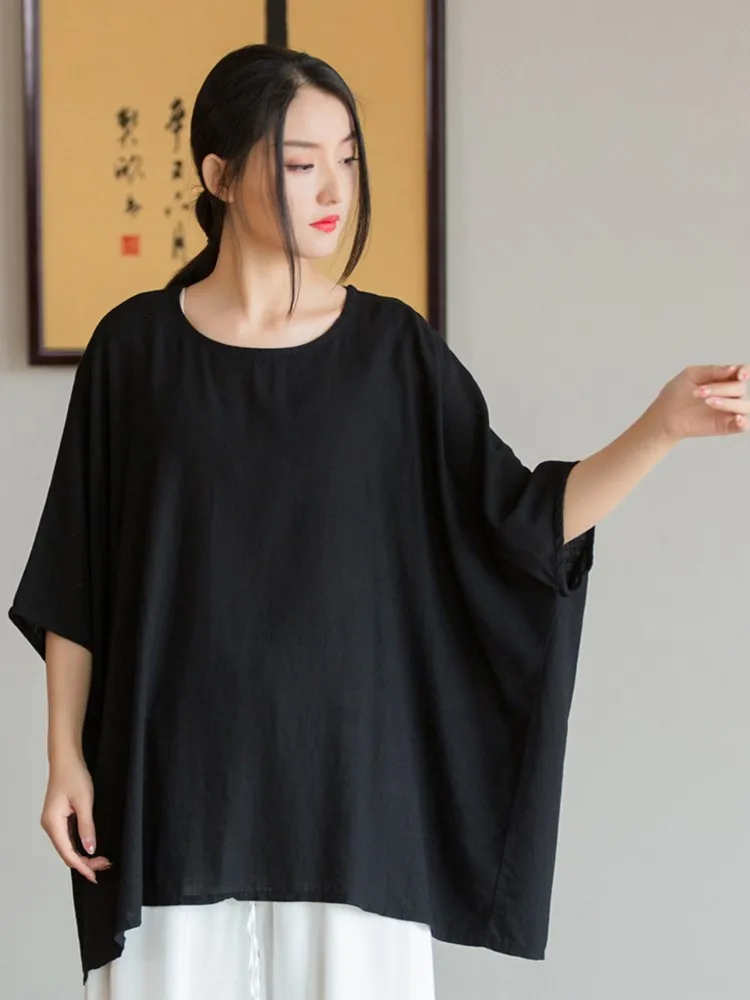 Johnature Bat Sleeve Women Linen T-Shirts Solid Color Loose Tops O-Neck Summer New 2024 Women Clothes Original Vintage Tshirts smile