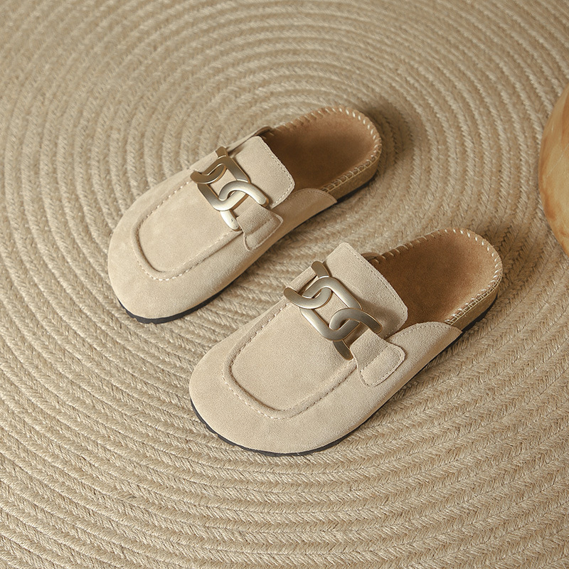 Chain Metal Slippers Woman Nubuck Leather Flat Sandals Cover Toe Mules Femme Cork Slides Outside Clogs Sandalia Ladies Flipps