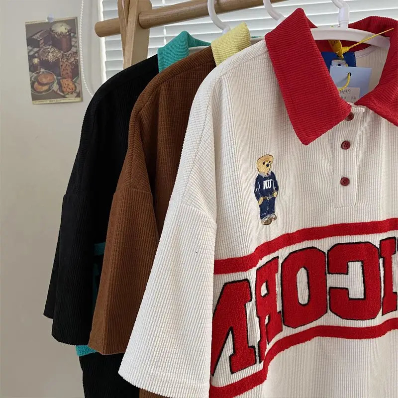 Mens Waffle Bear Polo Shirt Short Sleeve Tshirt Womens Summer Loose Embroidered Halfsleeved Turndown Collar Buttons Top Tees 240517