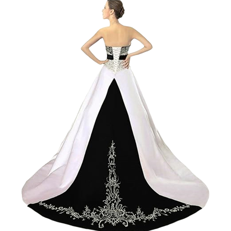 Vintage Black And White Wedding Dresses A-line Embroidery Beaded Satin Long Bridal Gowns Strapless Sleeveless Vestido De Novia 2024 Gothic Country Bri