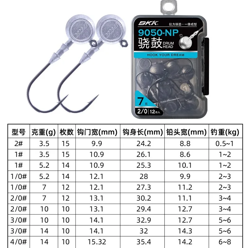 BKK 9050NP Jigheads Drum Head Fishing Hooks 10-15PCS Fishhooks Fishing Anti-drop Barb Hooks for Soft Silicone Bait For Bass