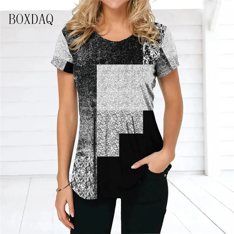 Short Sleeve Plaid 2025 Women T-Shirts Vintage 3d Print Gradient Female new T Shirt 6XL Plus Size Ladies Clothing O-Neck Casual Tops Tee