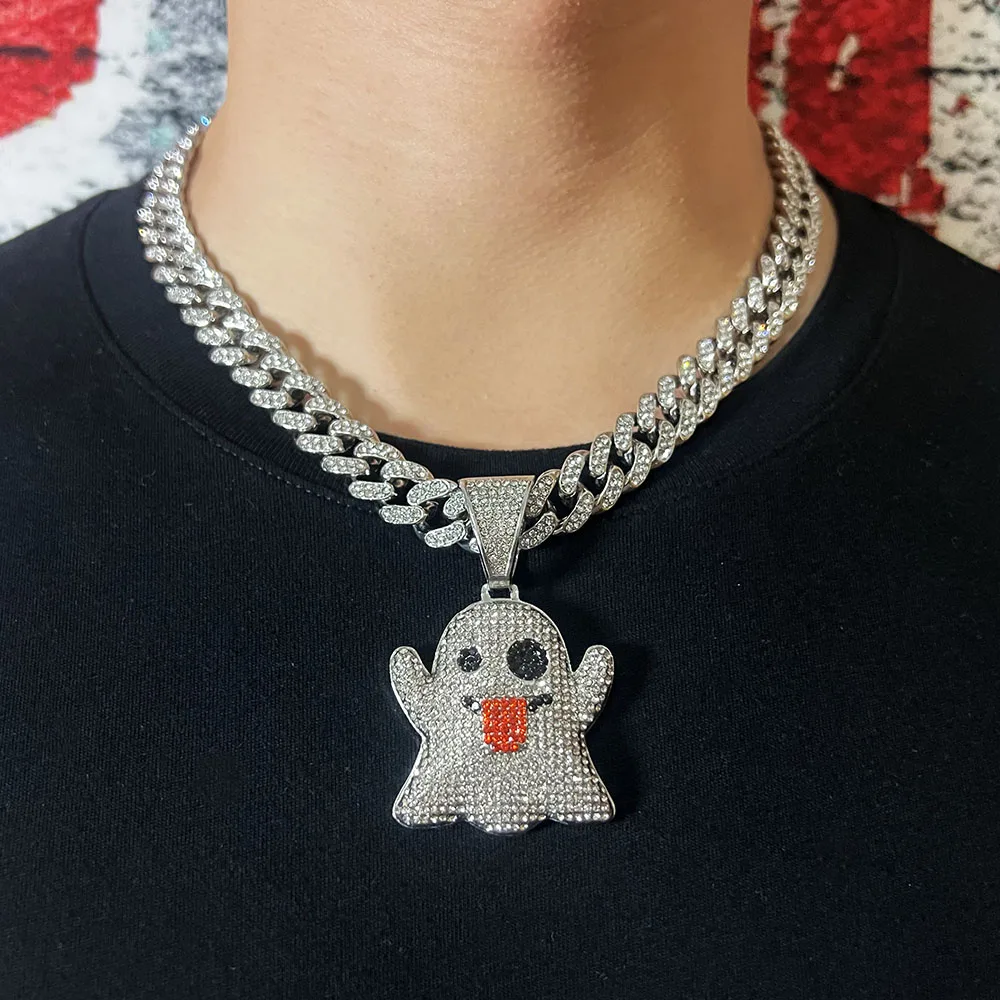 Tongue ULJ Black Ghost Eyes Funny Street Hipster AAA Rhinestones Hip-hop Miami Cuban Link Chain Male Necklace jewelry smile