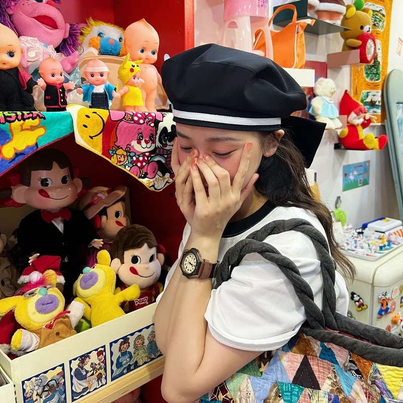 for Oversized Bow Beret Women 2022 Summer Ins Popular Striped Designer Berets Hat Niche Painter Cap Navy Japanese Sailor Hats smile