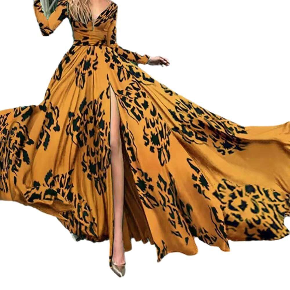 Womens New Dress With Split Leopard Pattern Slim Fit And Sexy Deep V Long Sleeved Long Skirt
