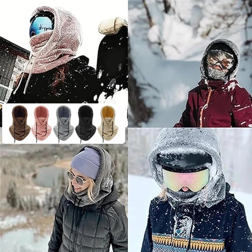 Thermal Sherpa Fleece Hood Ski Mask Winter Balaclava Cold Windproof Adjustable Women Plush Warm Hood Cover Hat Scarf Cycling Cap
