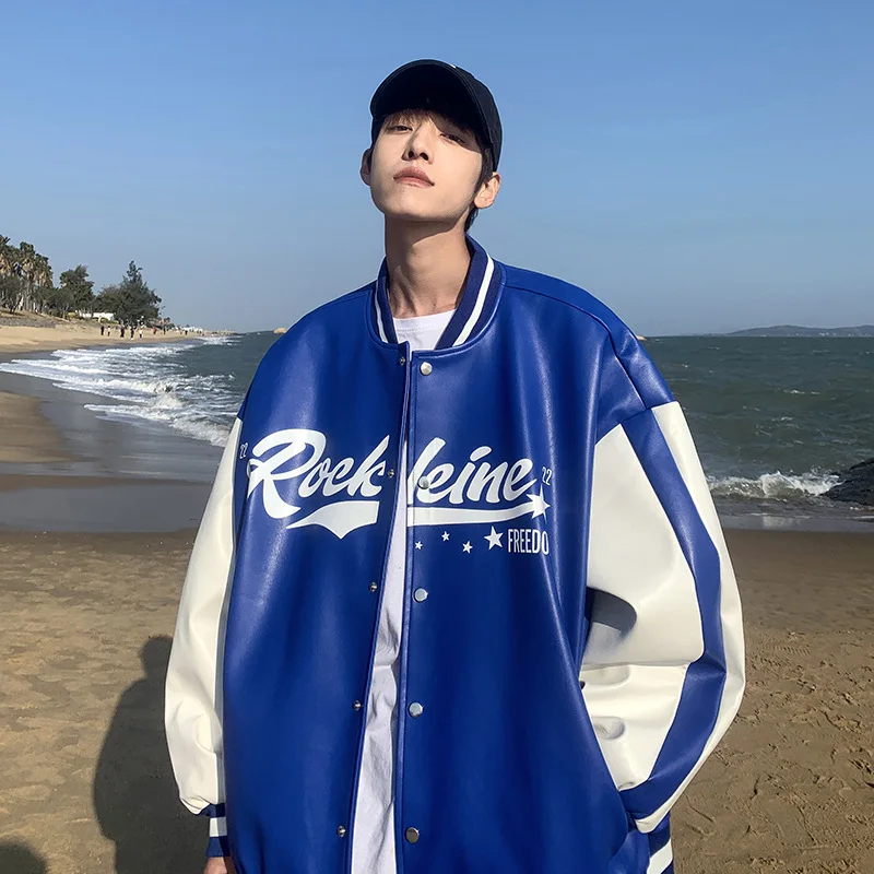 American Vintage Leather Jacket Men Spring Patchwork Letter Print Biker Baseball Jackets Unisex Y2k Streetwear Bomber Coat 2023