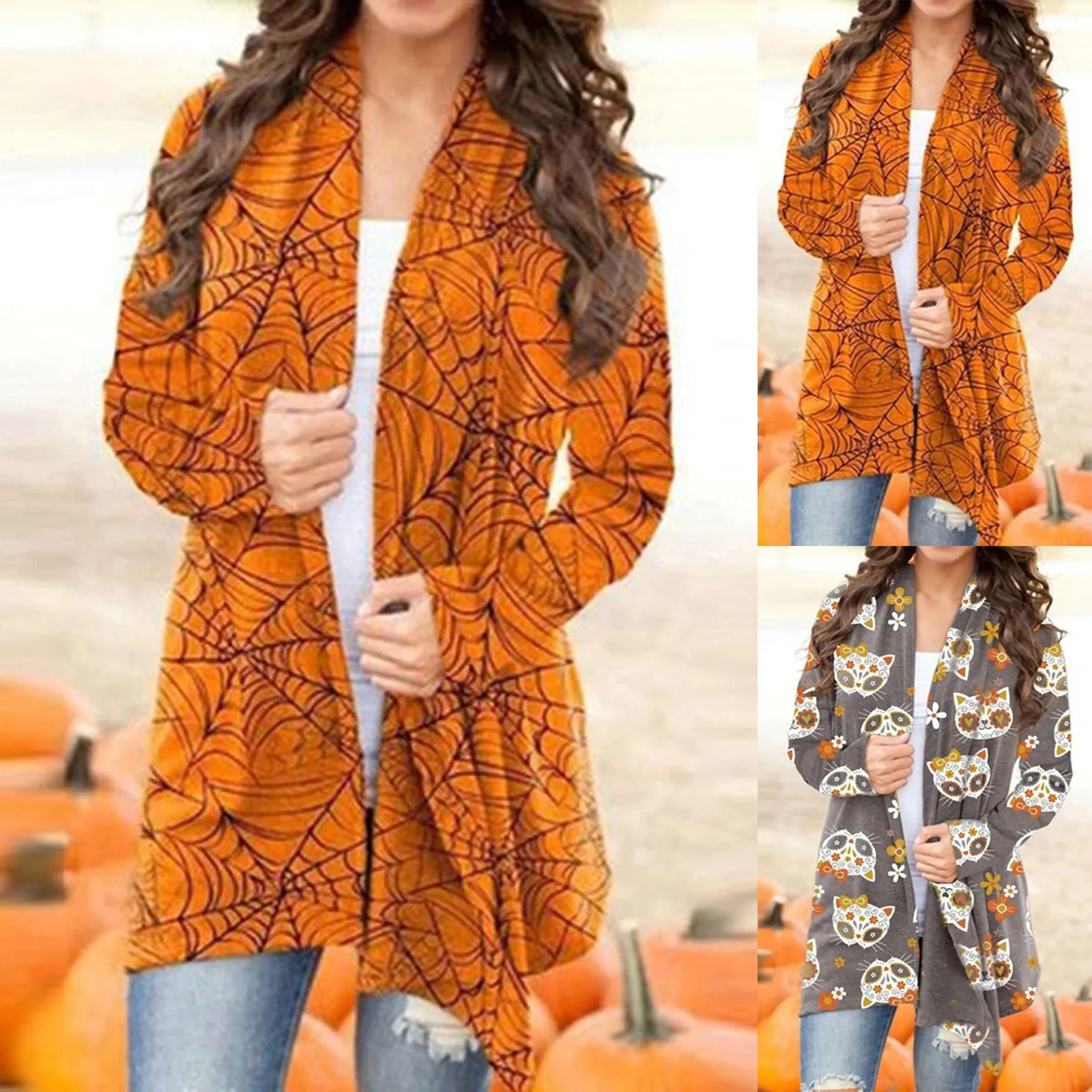 Ladies 2022 Cardigan Hot Women High Quality Sweater Popular Halloween Cat Printed Casual Coat Plus Size Top Clothes Ropa Mujer smile